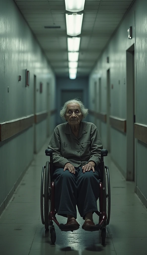 An elderly woman in a wheelchair in a bad mood
