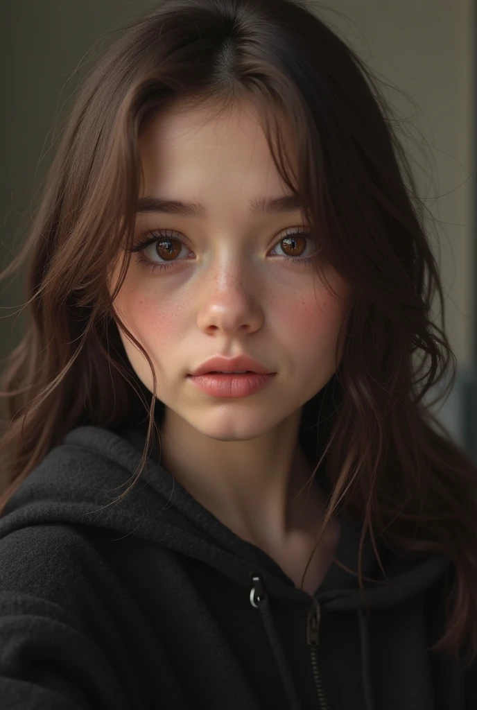 (GeGe:1.6), (woman, brunette, brown eyes, freckles), (((HD photo))), ultra high res.photorealistic:. 1.4, UHD, masterpiece, trending on artstation, upper body shot, pretty, cute face, most beautiful in the world, perfect hips, soft, delicate, long dark hair, slim body, large breasts, nsfw, (wearing teal hoodie), sunkissed, apartment interior background
