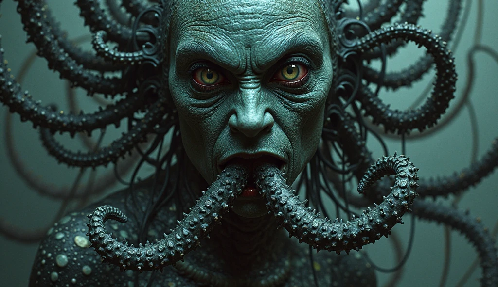 Lovecraftian horror, Face with tentacles, Glowing Eyes, Space Background, Vague shape, Intricate details, Unreal and frightening, Chiaroscuro lighting, Attention to detail, Uncanny Valley