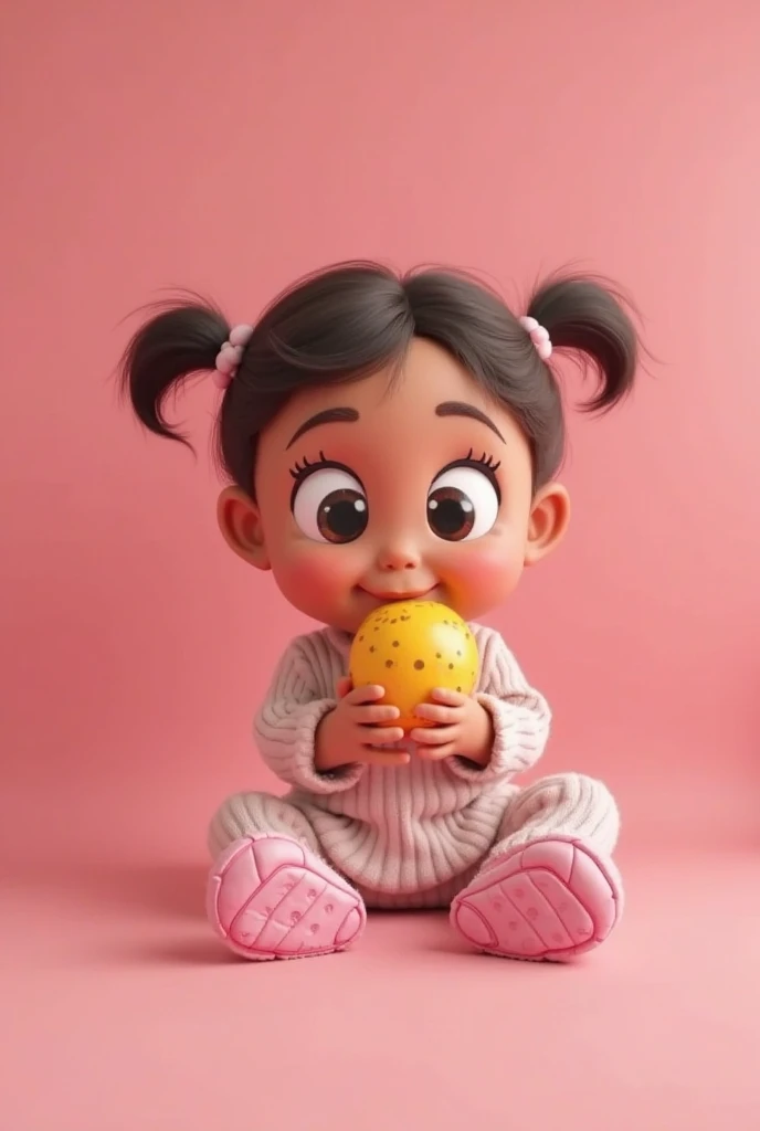A small child is sitting in a body suit with a watermelon pattern, with a watermelon between the child's legs