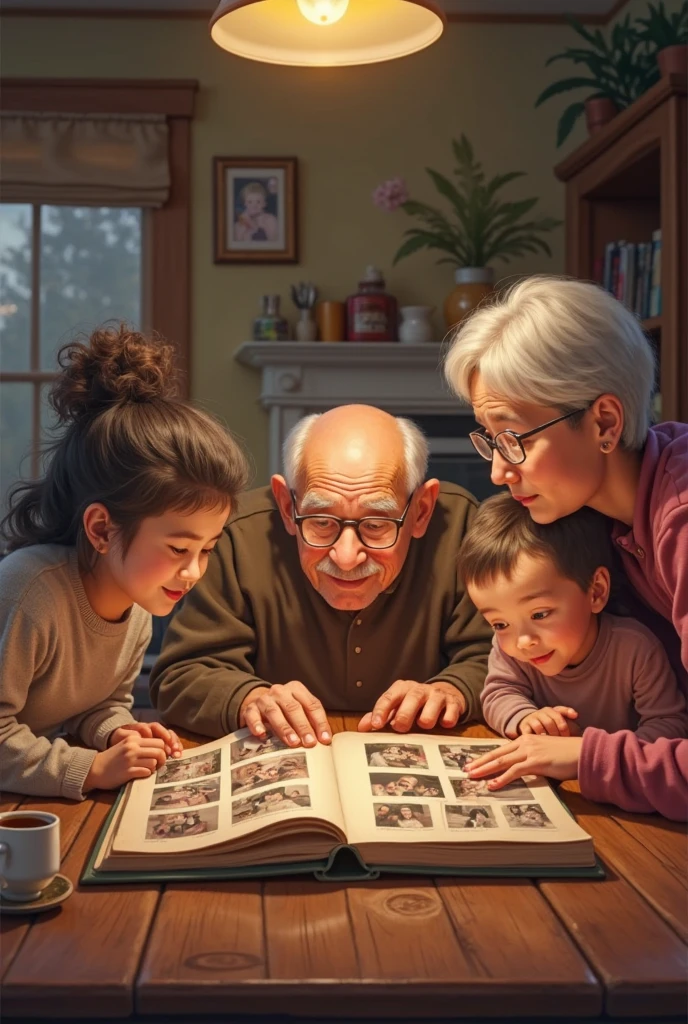 closeup,illustration,cartoon,a family portrait,mother reading the bible, father,grandpa, kitchen in the background((masterpiece)))