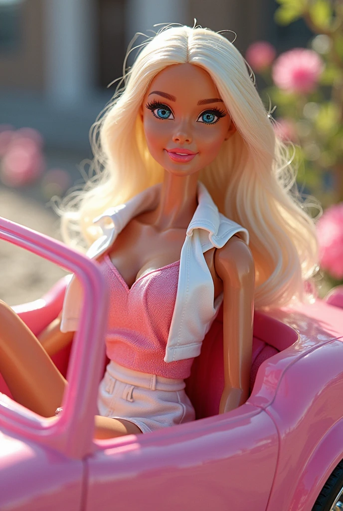 boneca Barbie em um carro rosa com um vestido azul e brincos, boneca Barbie, Retrato da boneca Barbie, foto comercial do brinquedo, Barbie, plastic barbie doll, fotografia de brinquedo, boneca Barbie anime, sentada em seu carro, foto do brinquedo, Barbie ou boneca Ken, plastic doll, barbie doll in panties and bra, muito realista, modelo bonito, hiperdetalhado --auto