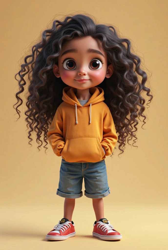A 7 year old with short curly hair all over her body with Game style wearing colorful clothes all stylish with headphones on happy