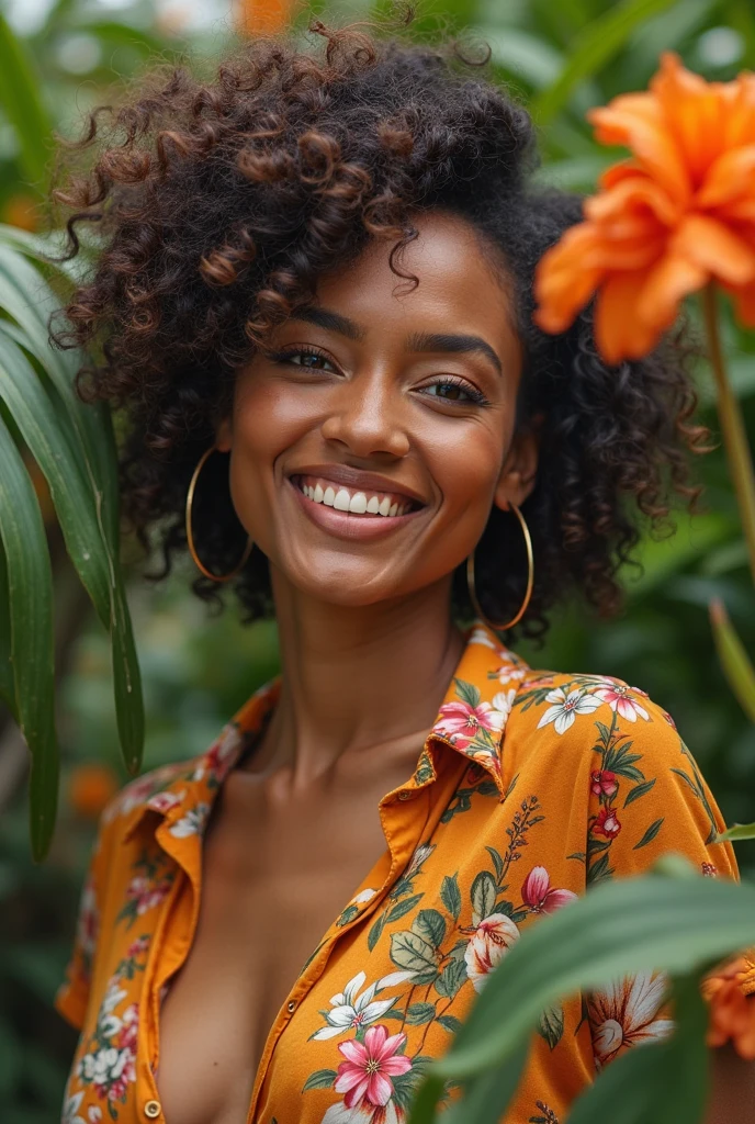 A Brazilian woman in a lush tropical garden, wearing an open shirt with a floral print, with a close-up capturing the harmonious beauty between her breasts and the natural flowers, showing off your natural charm and outgoing personality.