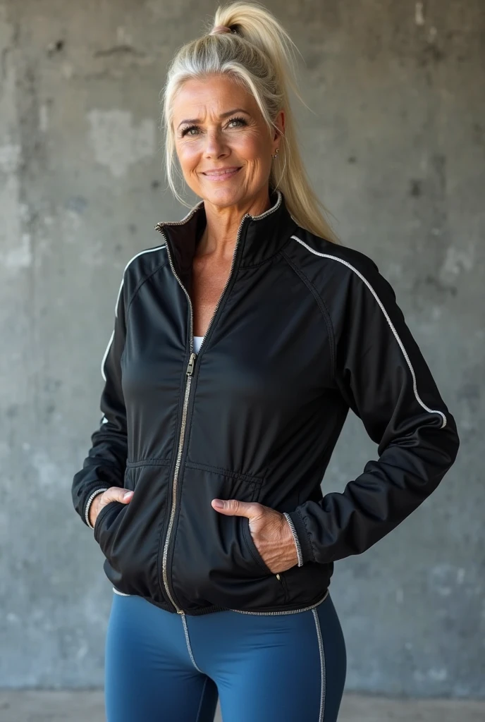 60 years old, generate a full length fashion portrait of a 60 year old heavily muscled female crossfit champion jamie lee curtis, grey hair, her makeup, hair, she dressed in very tight chic clothing, extremely silk jacket. tight red pvc leggings, elegance, lighting, environment, hairstyle in pigtails.,photorealistic