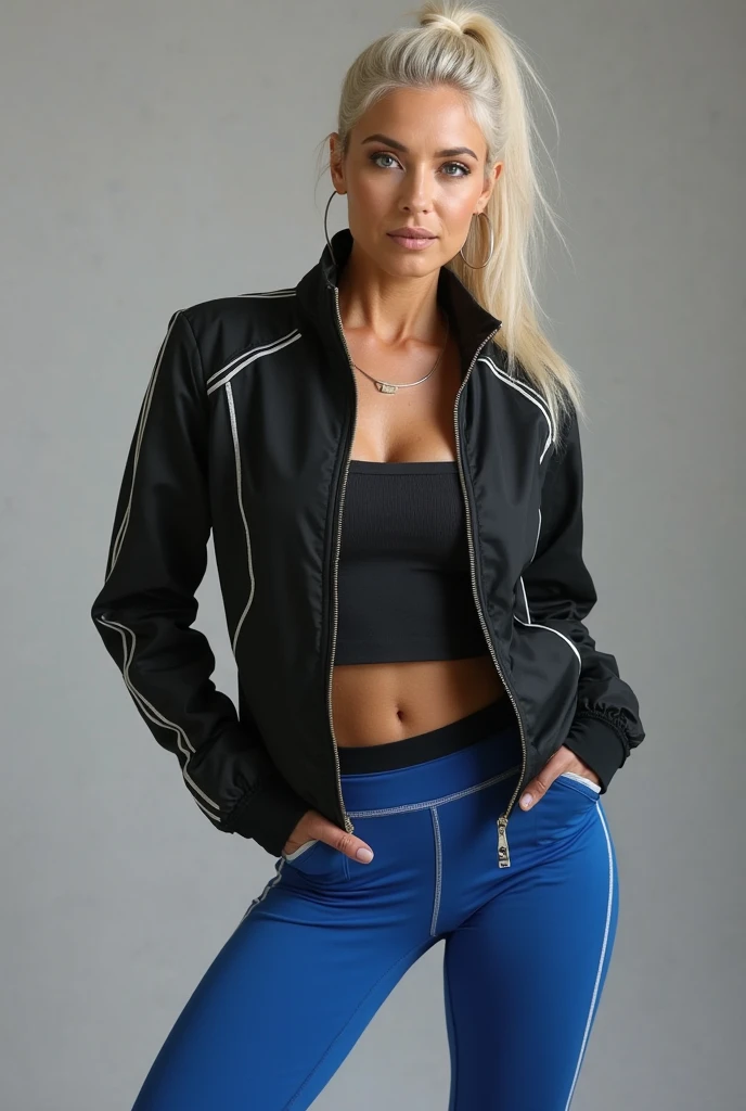 A beautiful woman in a black jacket and white pants posing for a photo, jaqueta bomber preta, Jaqueta bomber, jaqueta sobre tronco nu, Black jacket, roupas esportivas, roupas esportivas, jaqueta esportiva, vestindo uma jaqueta bomber, encapuzado, F / 2 2, F/22, jaqueta aberta, vestindo uma jaqueta preta extravagante, F / 2 0, F22
