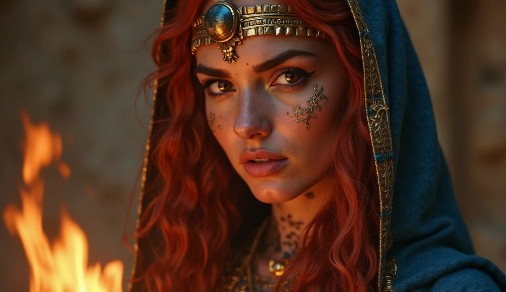 (best quality, masterpiece:1.2), high qulity colors, bright skin, dark background, beautiful sun on the background, ultra-detailed, (HDR, UHD), (studio lighting, physically-based rendering), beautiful woman, red hair, blue shirt, red flowers, yellow flowers, cute clouds, detailed skin texture, colored background, hairband, photorealistic, highres, best quality, 1080P