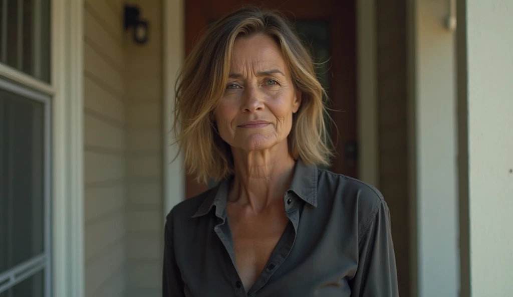 Mulher de 40 anos de idade. Parece Julia Robert, Camisa verde, arvores no fundo
