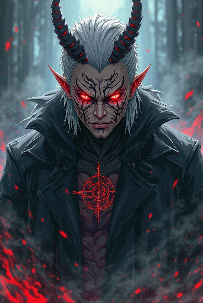 A menacing elf man with blooded scalpel in hand, his black and blue ponytail framing his red eyes and psychopathic smile. Mysterious and dark, this character is portrayed in a chilling manner. The image, perhaps a digital painting, captures the intensity of the man's gaze and the eerie aura around him. Every detail is expertly crafted, from the blood on the scalpel to the shadowed depths of his eyes. This high-quality image evokes a sense of intrigue and danger, drawing viewers in with its compelling depiction of a sinister figure.