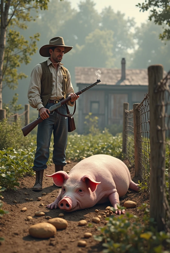 criar o arthur morgan do red dead 2, sozinho, em um paisagem do velho oeste com o clima tempo nublado com raios com nuvens de chuva, holding a baby in your arms, enrolado em um tecido branco, com chapeu preto estilo cowboy