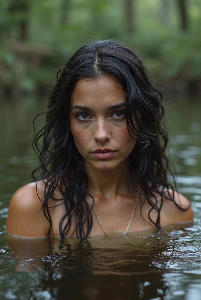 (Best Quality,4k,hight resolution,Realistic) of a women,Portrait, The women plunged into a deep muddy swamp, black hair, blue eyes, tanned skin, summer dress, wet dress, soaked, wet hair, wet skin, glistening with oil, drenched,wild and creepy environment,dark and mysterious,foggy atmosphere,soft-lighting,Vivid colors,Reflection in the swamp,restless and vulnerable