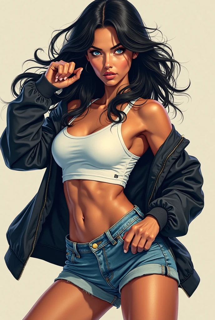 uma menina, latina face, brown skin, long natural curly brown hair, Stand up, maquiagem, Lips are soft or colored, fundo simples, provocador, surprised facial expression, bashful, simple lighting and texture, fundo branco, large clothes, long sportwear