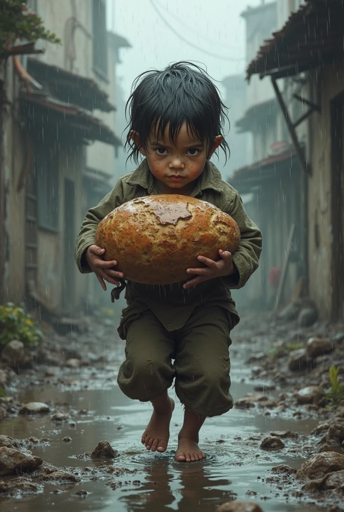 Homeless boy eating bread