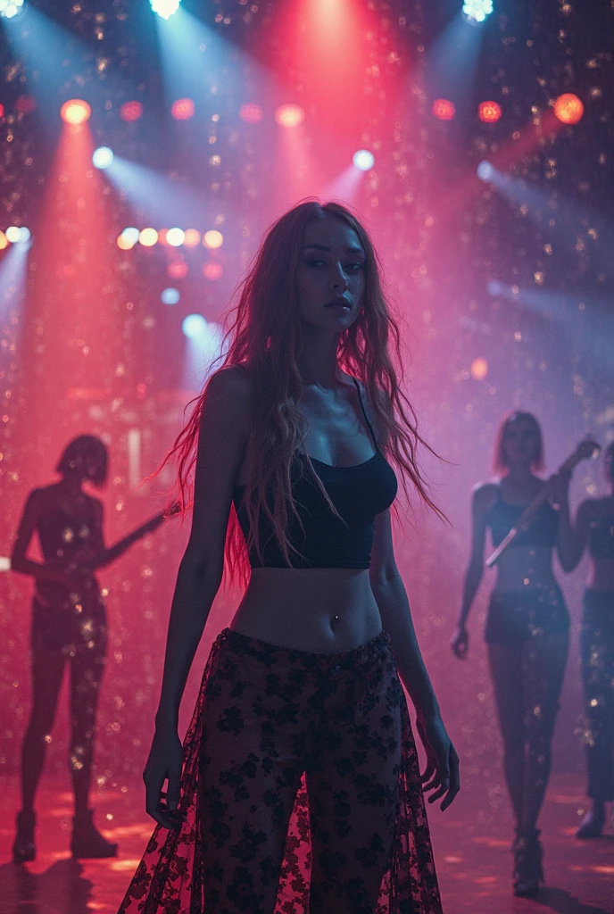 Red-haired snake woman,at a crowded concert with red lights and red and starry clothes