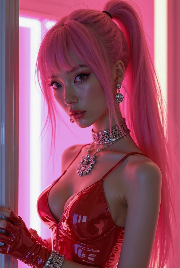 a full-body tattooed girl sitting on a staircase looking at the city, (photo taken from the side), fine and delicate woman, full-length photo portrait, realistic, pink pupils, beautiful eyes, long eyelashes, almond-shaped eyes, red makeup lips, low-cut outfit, seductive neckline, pink cotton blouse. k-pop clothing style. intricate details, vivid details, detailed skin, detailed body, vivid colors, bokeh, long pink hair, colorful hair, detailed skin, (listening to music), (cute figure). (sitting thinking)., leaning against a Wall, voluptuous legs, curvy body, seductive. 1 girl