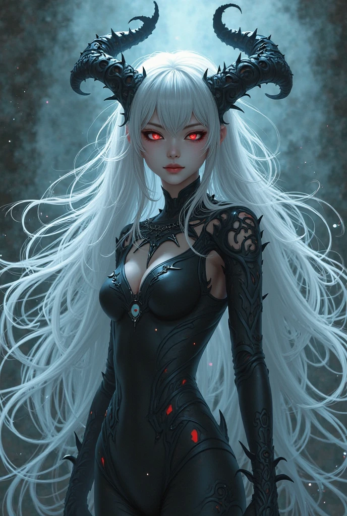 a demon with horns and white hair is posing for a picture, succubus, a demonic skin, Nectrotic skin, Burnt skin, female demon, hyperdetailed fantasy character, dark demon succubus, portrait of an demon queen, demon princess, of an elden ring demon, demon character with smirk, demon, demon queen, complex fantasy character, portrait of demon royalty