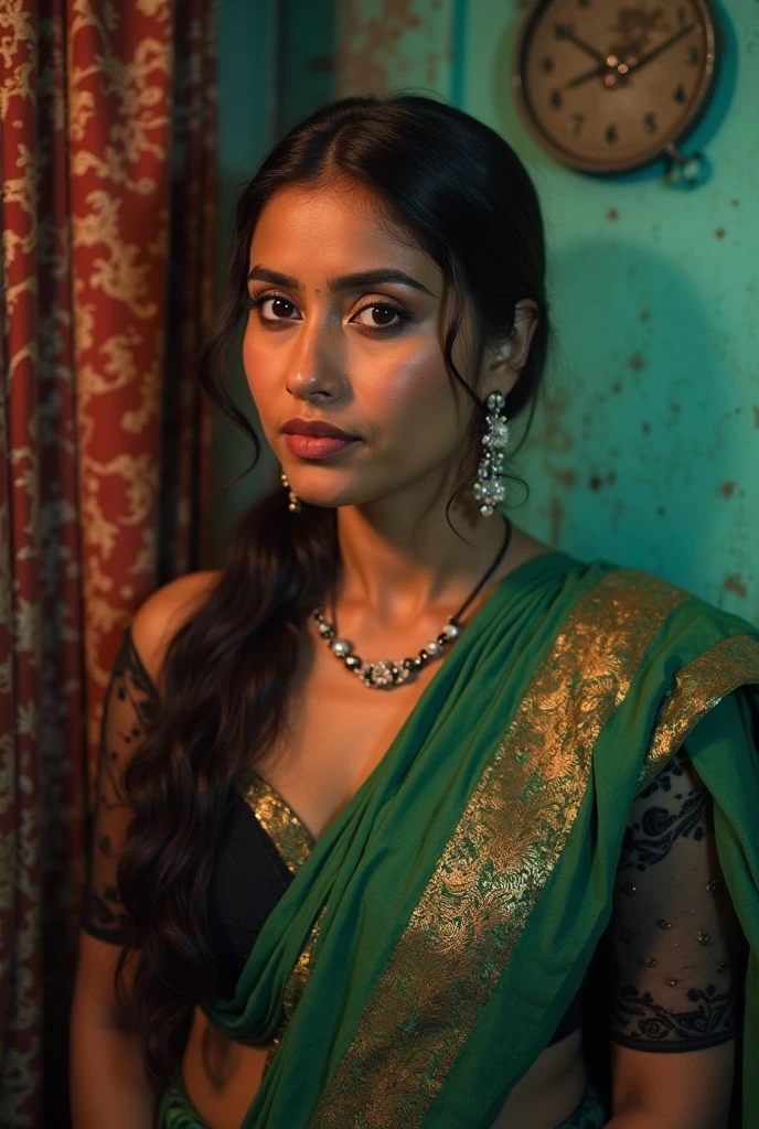 A Solo Beautiful Mature Hot Indian Bhabhi Women wearing Black Blouses and Blue Sarees ,Black Lipstick , Little Chubby . Huge and Big .( Standing )( Realistic ).( Outside Views ).