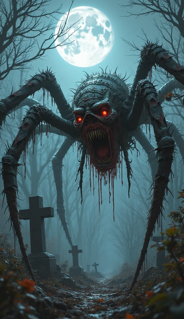 giant skull, in a forest at midnight, seen from the front, angry and about to attack, horror sci fi, cinematic look, creepy sci fi aesthetic, ultra detailed, photorealistic, masterpiece.