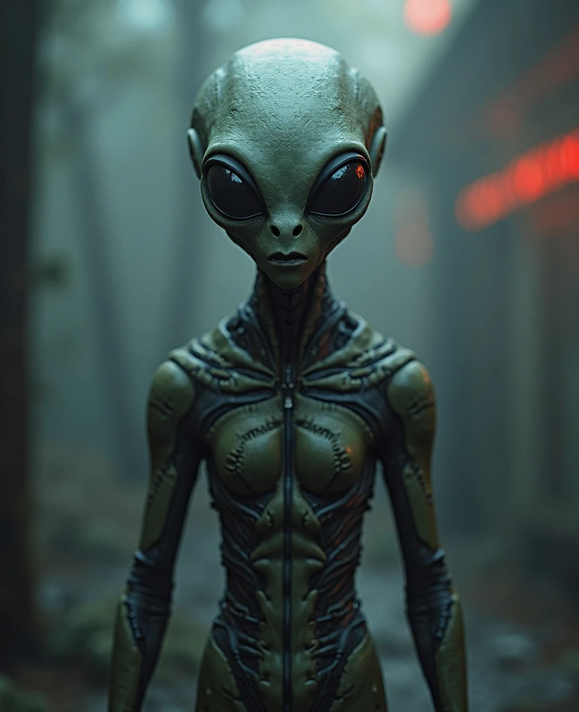Alien man with completely dark eyes, beams, alien city in the background