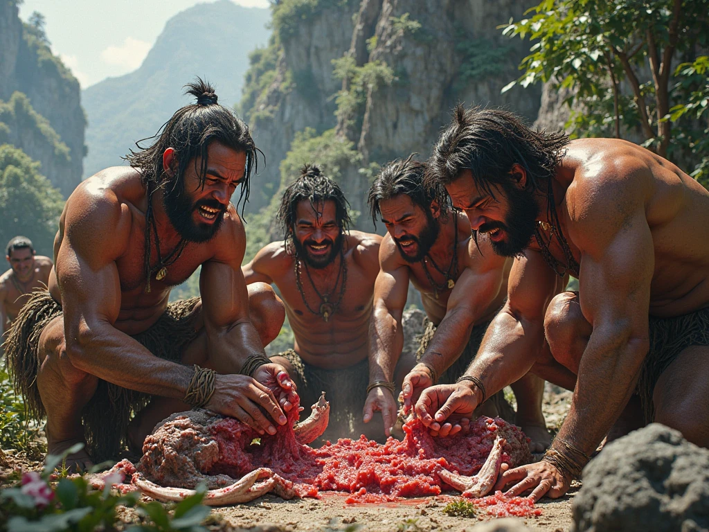 a group of primitive humans, one holding a knife, cutting meat from a dead sleep t-rex. Tilt shift photography. , detailed anatomy, detailed clothing, intricate details, highly detailed, award winning, masterpiece, 8k, photorealistic, dramatic lighting, moody atmosphere, earthy tones, gritty texture, rugged, realistic, cinematic.
