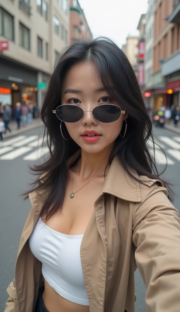 (cinematic angle: 1.2), streetview,(1 girl, sunglasses, summer dress),(best quality, detailed details, masterpiece, official art, movie lighting effects, 4K), big tits, cleavage seen, fetal position, head tilt
