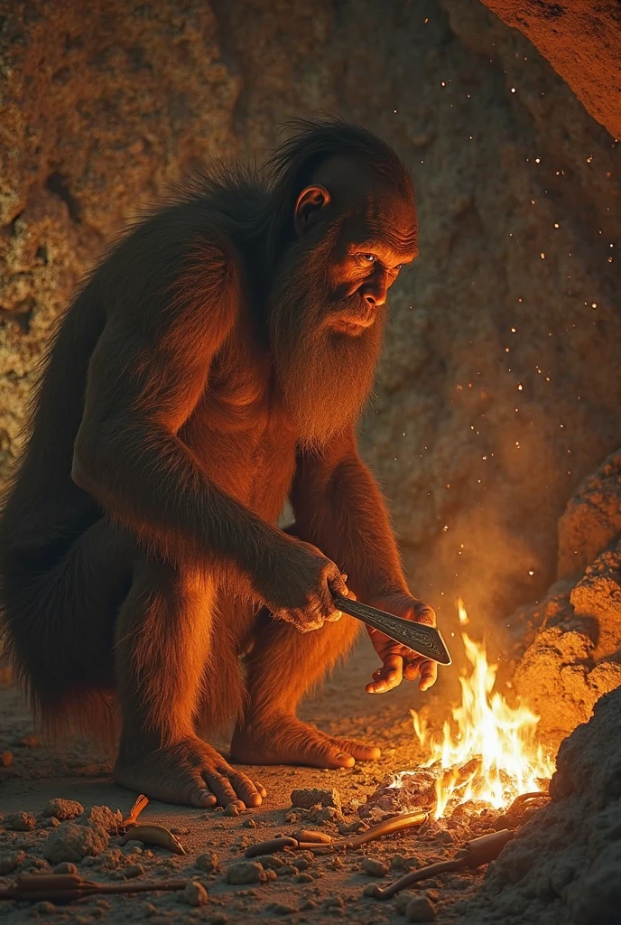 Masterpiece, Neanderthal man eating meat, best quality, hominids feeding, highlighting the leather clothes, low light.