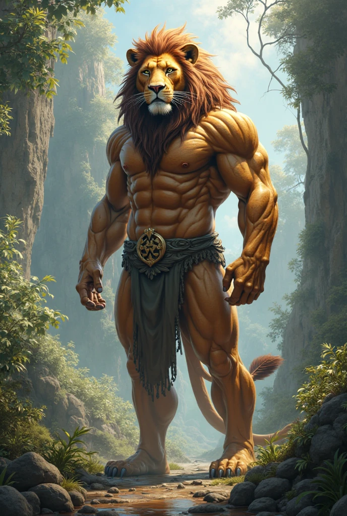 Human-lion hybrid, with muscular body, gold eyes, long wild black hair, lion ears on top of the head, no visible human ears. His facial features mix human and leonine aspects., with a confident expression and piercing eyes.