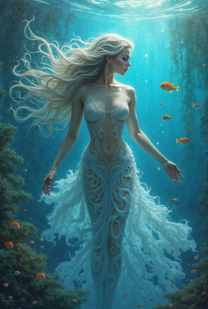 A breathtakingly beautiful goddess of water, her ethereal form floating serenely atop the shimmering sea. Her long, flowing hair is the color of a midnight sky, adorned with delicate strands of luminescent seaweed and pearls that seem to have been kissed by the moon. Her skin is a mesmerizing blend of aquatic hues, glistening with droplets of seawater that accentuate her voluptuous curves. Her eyes, the color of a tranquil lagoon, are closed in a peaceful expression, as if lost in the whispers of the ocean depths. Her full, luscious breasts rise and fall gently with the rhythm of the waves, each nipple a soft pink pearl that echoes the promise of the sea's warm embrace. Between her gracefully parted legs, the crystal waters reveal a glimpse of her sacred feminine core, a beacon of fertility and life. Her arms are outstretched, her hands adorned with rings of coral, and her fingers are tipped with the lightest touch of webbing, a subtle nod to her aquatic dominion. The sea around her is alive with vibrant marine life, schools of colorful fish darting through the water.