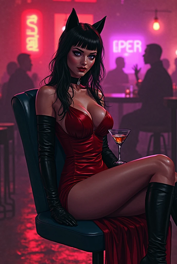 (comic style), medium full shot of (an 1woman, black-skinned sexy young prostitute sits at the bar with a cocktail in a darkened bar, red leather minidress, long red curly hair, full lips, green eyes, bright makeup, rings, bracelets, large earrings, gloomy atmosphere of a night bar, dim light illuminates only her, a (film noir character:1.3), speech bubble, dark scene, (realistic:0.8), serious, dark atmosphere, (reflective glass), dynamic pose, dramatic camera angle, (Art by J Scott Campbell:1.6), (volumetric lighting), (best quality), intricate details, tone mapping, sharp focus, very detailed, (good composition), (good proportions), (good architecture), (award winning), (masterwork), (masterpiece), Artstation, by Bob Eggleton <lora:Graphic_Novel_Illustration:0.55>graphic novel illustration