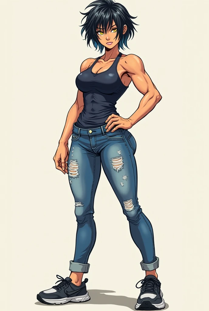 1girl, shiny skin, speedlines, perfect face, intricate details, score_9, score_8_up, score_7_up, rating_explicit, source_anime, Colored, Tomboy, dark skin, messy short hair, shiny black hair, golden yellow eyes, large breasts, Hourglass figure, Athletic body, Slim-fit body, Rural city, arm tattoo, black tank top, blue short jeans, black thong, gray socks, black sneakers, full view