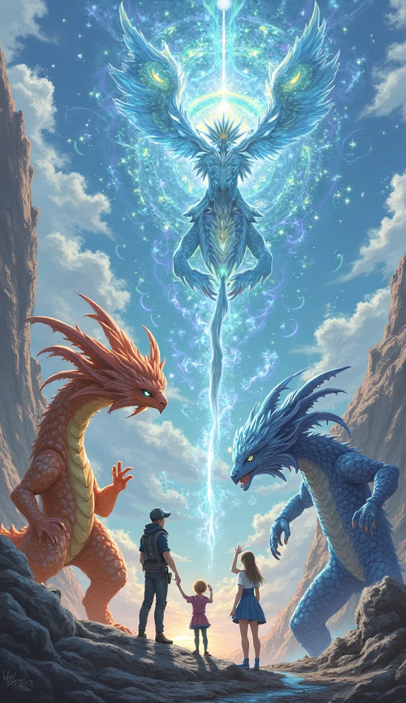 masterpiece,high quality,<lora:Cmyth_v1.0:0.7> Cmyth,Chinese dragon, multiple boys, multiple girls, long hair, horns, holding, blonde hair, brown hair, backpack, green hair, black hair, short hair