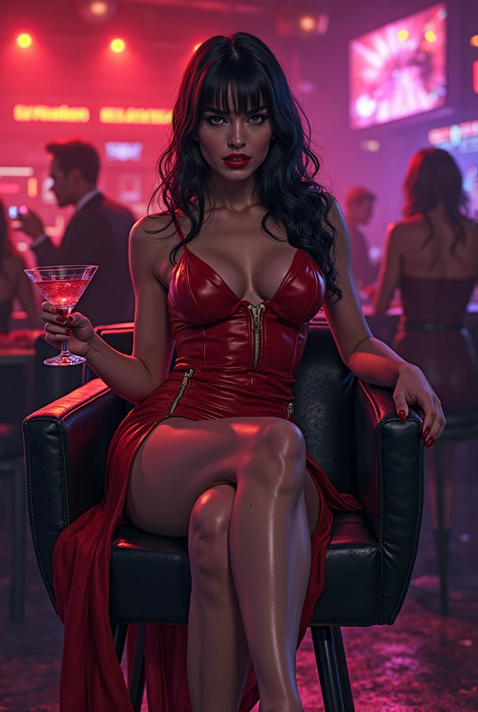 a picture of a female vampire in an infinity pool of blood watching the city at night (Masterpiece, intense details: 1.5 ), exquisite, dreadful beautiful vampire, long black hair, intense green eyes, evil smile, fangs, busty sitting near a large infinity pool of dark ((red blood: 1.2)) there are stone steps leading to the pool, lit by candles, elegant pool rim, (falls of blood fill the pool: 1.3), there is a ((crystal glass of wine: 1.3)) near the vampire, she is wearing glamour black bathing suit, high detail, Conceptual art, Realism, cinematic lighting, moon light, reflection light, from side, panorama, Ultra-Wide Angle, Wide-Angle, award winning, best quality, high quality, high details, highres, vibrant, Ultra-high resolution, High Contrast, (masterpiece:1.5), highest quality, Best aesthetics), best details, best quality, highres, ultra wide angle, 16k, [ultra detailed], masterpiece, best quality, (extremely detailed), Blood_Covered, vampire teeth, Dark Art Painting Style