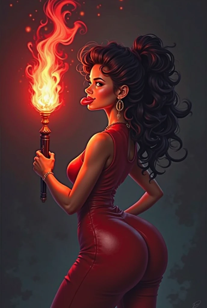 Draw me a picture in cartoon iconography, showing a young lady in a short, tight red dress, sitting on a bar stool with a mug of beer in her hand. She has a mischievous smile on her face and little devil horns on her head., giving it a touch of sensuality and mystery. The background of the image is an intense and vibrant fire, with flames that seem to dance behind her, creating a passionate and seductive atmosphere. The lady seems to be enjoying her beer and the moment., with a relaxed and confident attitude. The image combines elements of sensuality, passion and a touch of mystery, perfect for a bar painting.