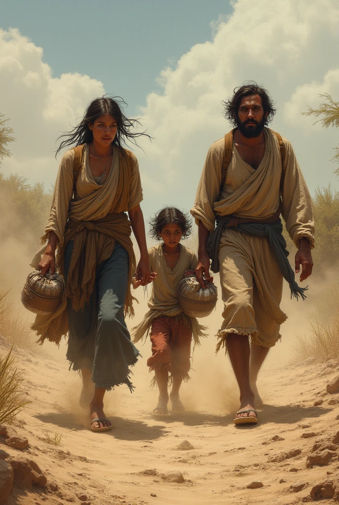 3. **The Onset of the Drought**
- **Picture:** A once-green landscape now parched and dry. Withered crops, cracked soil, and a dried-up riverbed. Villagers look distressed and worried