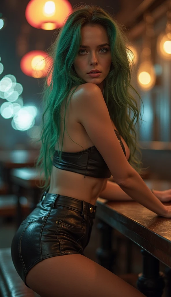 Imagine full body picture back view of woman. Green hair. big hips, no tatoo, She is a streamer, playing her favorite vide game in her decorated gaming room with neon lights . She is live on twitch, and dress like a thot, very sexy, with minishort and apparent g-string laces and bare belly and bare back to attract more viewers. 100% realistic, high detail, Masterpiece