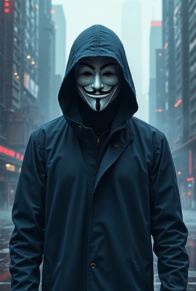 Generates an image of a person wearing a Guy Fawkes mask (Anonymous) in an urban environment, with a dark background and elements of digital technology and protest."