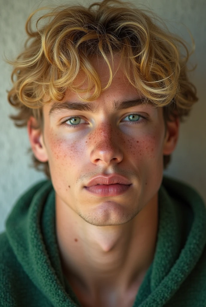 Young man short wavy platinum blond hair grayish green eyes