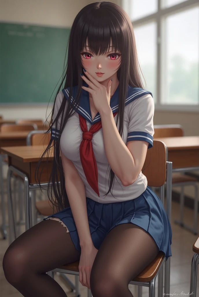 (masterpiece、Highest quality、High resolution、Highest quality、Realistic depiction)Created by Girl(whole body)、Long Black Hair、Beautiful Eyes、high school girl、Classroom after school、Showing her underwear from the front、Skirt lifted、Sailor suit、Big Breasts、Chest、M-shaped legs(Sit on a chair and open your legs to show your underwear)valley、Embarrassed