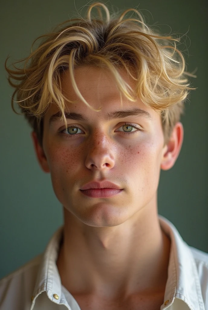  create a super handsome boy, light blue eyes, blonde, freckles, tender but imposing, type that has duality, with a marked and tall body, with a relationship  xcry, A boy who looks masculine but tender, french, aestetic cut, 20 years