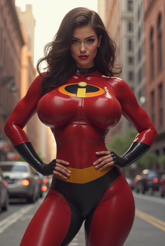 Elastigirl from the movie The Incredibles with its logo on her blouse with big breasts and very big hips profile image in a very sensual and determined kneeling pose, high resolution image