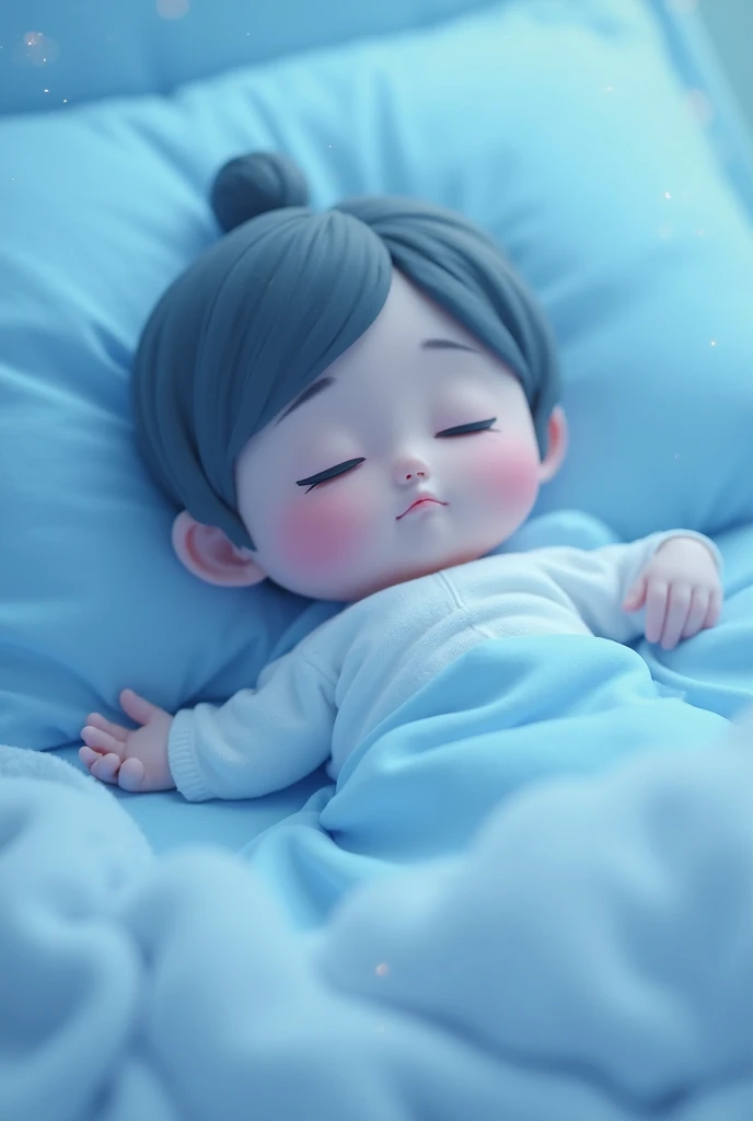 Child hugging his blue pillow