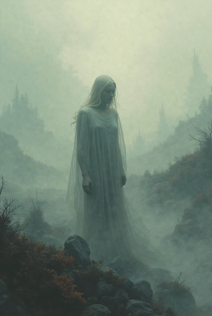 A person standing at the edge of a dark, misty forest, their skin unnaturally white, almost translucent. Their eyes are wide open, filled with a mix of fear and disbelief, as if they’re witnessing something terrifying. The mist swirls around them, creating an unsettling, mysterious atmosphere that draws the viewer in with a sense of impending doom. High Resolution, Realism