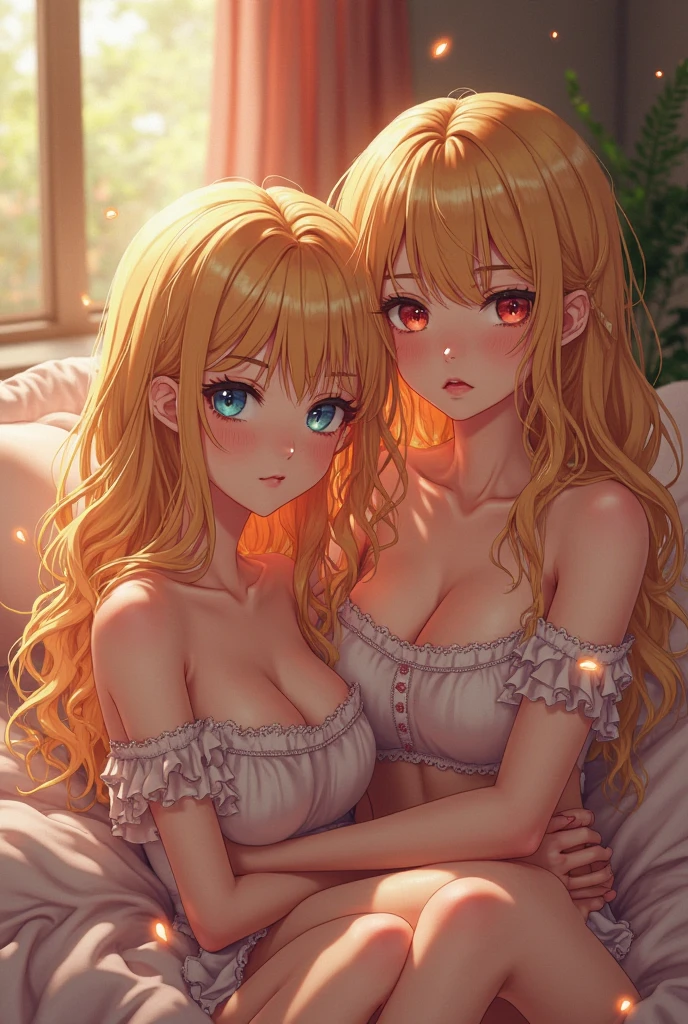 masterpiece, highest quality, official art, (Highly detailed CG Unity 8K wallpaper), detailed background, (Hand made:Guido Daniele: 1.1), legs stick out from frame, first person perspective, 1, charming and perfect beautiful woman, lying in bed, lie down on the bed, ((sleepy: 1.14))), (stick out your butt, pajamas, nightwear, underwear, white thighs: 1.12), ( blonde long hair: 1.12), (Ahoge: 1.13), (high ponytail: 1.12), (green eyes: 1.13), look at the beholder, big, (cleavage), beautiful face, (blush: 1.11), (smile: 1.11)