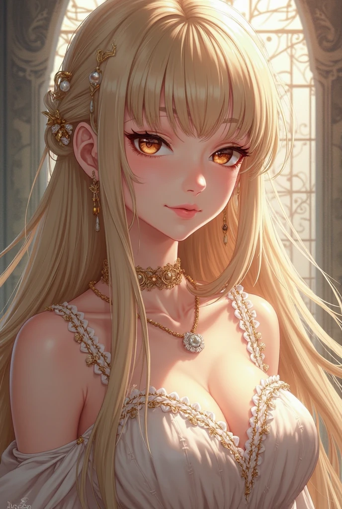 a blond, Long hair, Yellow-green eyes, Woman in her 20s, Gentle Face, White dress, (A masterpiece:1.2), Best Quality, high resolucion, Unity 8k wallpaper, (Illustration:1.0), beautiful detail, beautiful woman, glittering, medieval village_Background with, Solo, perfect light, Extremely detailed CG