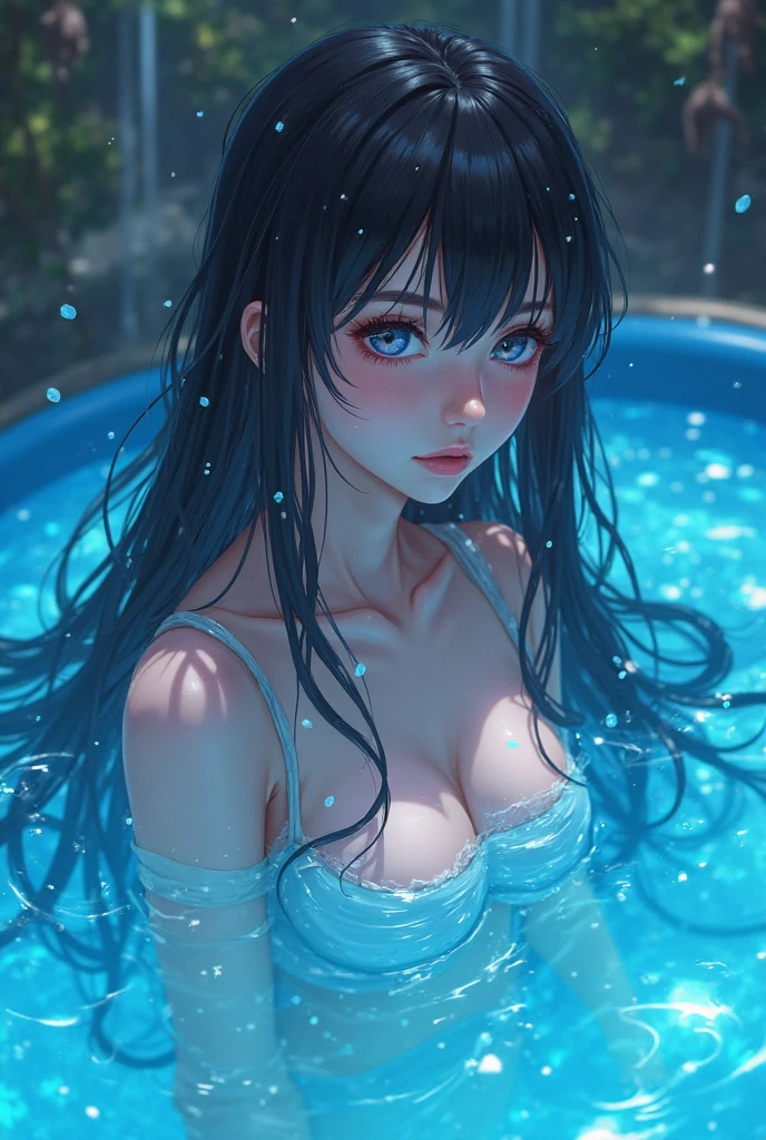 She is wearing a long Chinese dress、8K、、Highest quality、Tabletop、Ultra HD、Super detailed、so beautiful、Super detailed髪質、so beautiful、Portraiture、Ezvian everywhere、Captivating look、Beautiful woman、Long Blue Hair、blue eyes、Glowing Skin、Very large breasts、Water droplets running down the skin、The background is a great night pool、