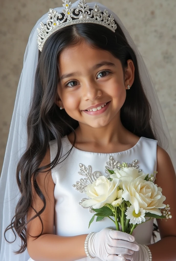 little girl 7 years old professional portrait with flowers in hand , realitic photograph ,round face, light dark shoulder lenght straight hair , pink princess dress ,light tan skin
