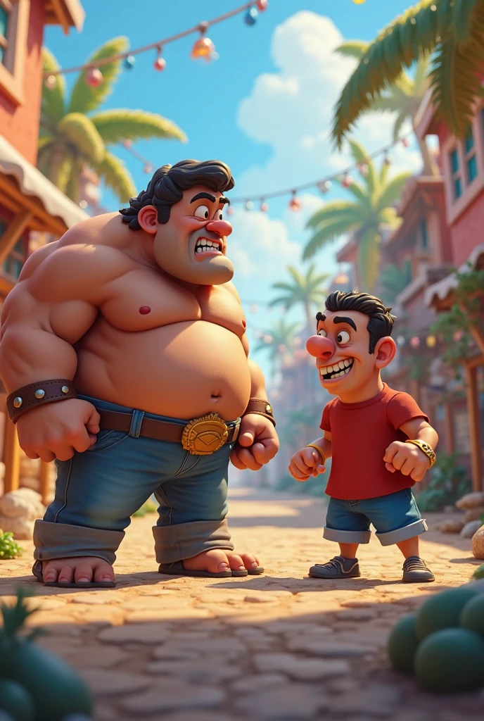 Giant and muscular Chaves next to the frightened Chiquinha