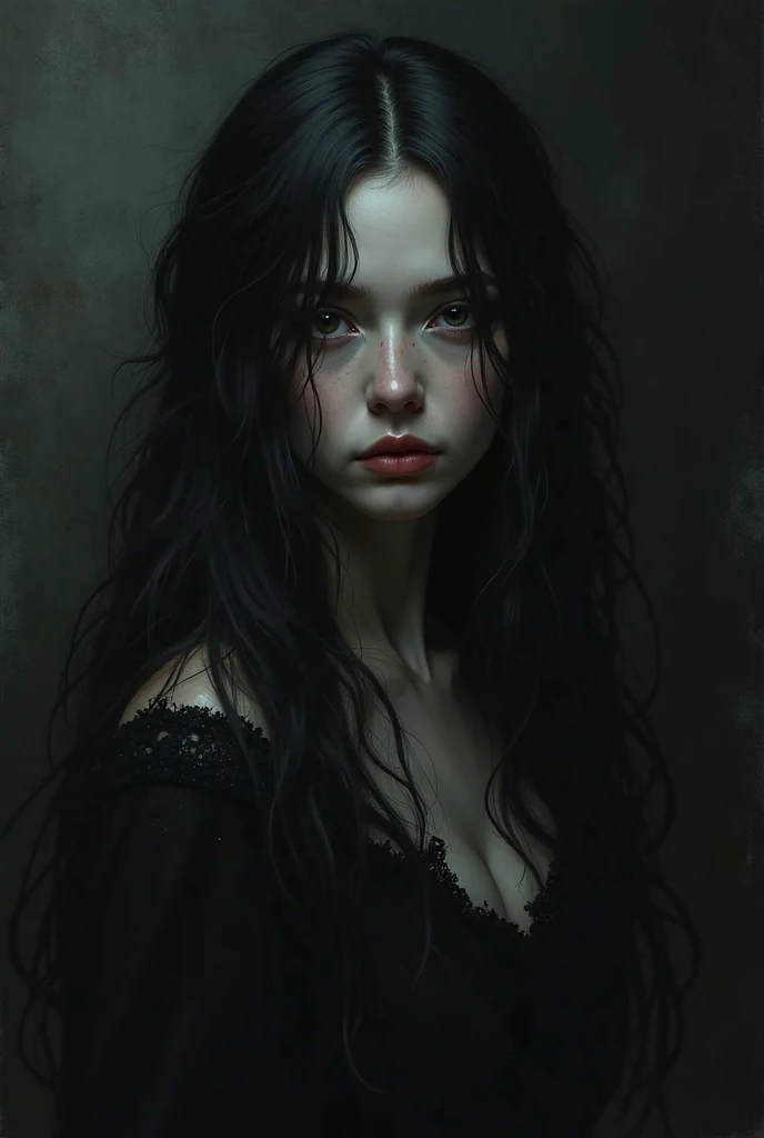 an image of aura evil girl with black hair and big curls, black eyes, Wine-colored lips and smoke makeup