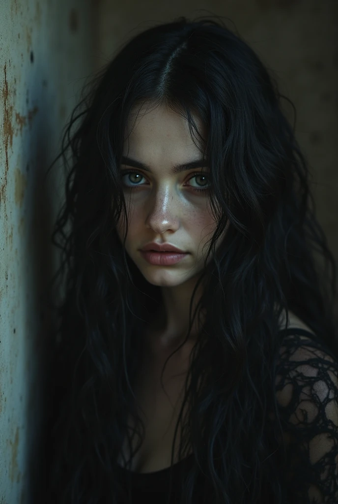 I am her, I am naked, my eyes reveal the despair and confusion of my soul. A schizophrenic state where everything is in motion, only my memories, hidden in the walls, and the photos of my family remain with me, forgotten in my old room. , Save your memories and take care of them , the style of the image is very real ,Gothic high contrast unique piece masterpiece detailed environment of loneliness and dark anger of oblivion light of oblivion and old memories gothic high contrast state of mind of terror