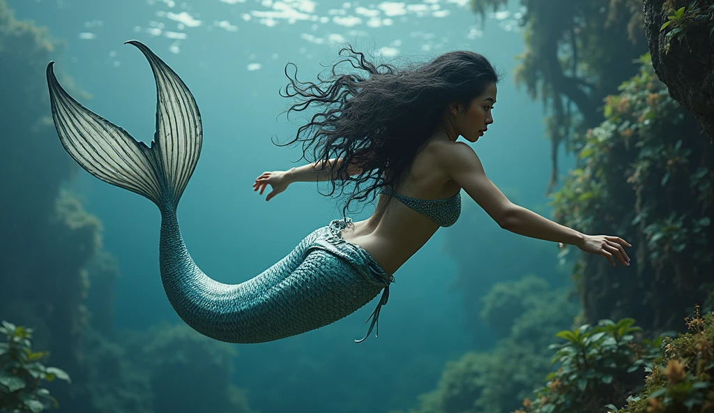 A beautiful mermaid on a rock in middle of rough waters unleash the power of water, she rise the hand creating an arch of whips of water, where the sunlight reflects. Mermaid with golden bikini top, golden cauda. Photography.